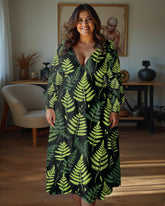 Plus Size Women Casual Elegant Green Forest Leaves Print Wrap Midi Dress